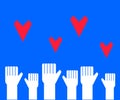 Hands of different people are raised up on a blue background. Symbol. Vector Royalty Free Stock Photo